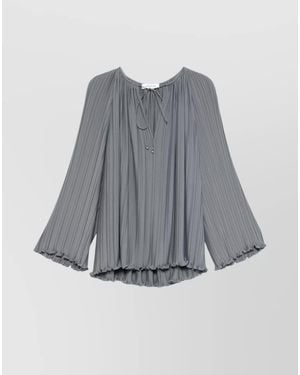 Lanvin Gathered Tie-Neck V-Neck Long-Sleeve Blouse - Gray