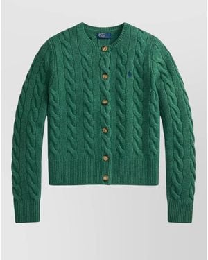 Polo Ralph Lauren Cable Knit Cardigan Jumper Ribbed Trims - Green