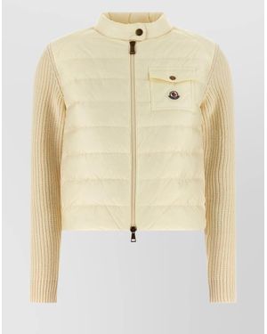 Moncler Quilted Cardigan With High Collar And Pocket - Natural