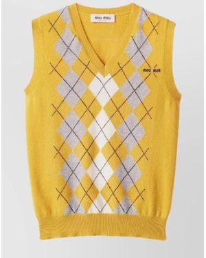 Miu Miu Cashmere Argyle Knitwear Sleeveless V-Neck - Yellow