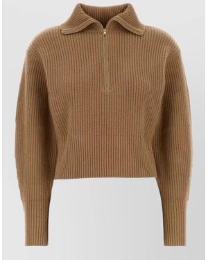 Max Mara Cashmere Wool Ribbed Half Zip Jumper - Brown