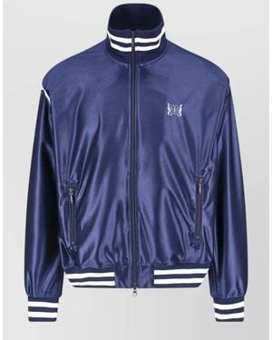 Needles Jacket High Collar Striped Ribbed Cuffs Pockets - Blue