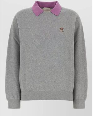 Versace Cotton Sweatshirt Ribbed Cuffs Hem Contrast Collar - Gray