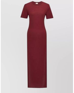 Saint Laurent Long Dress Round Neckline Short Sleeves Slit - Red