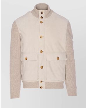 Brunello Cucinelli High Neck Knitted Jacket Pockets - Natural