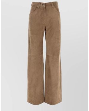 Brunello Cucinelli Suede Pants Wide Leg Belt Loops Pockets - Natural