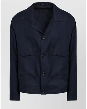 Tagliatore Linen Jacket With Front Pockets And Long Sleeves - Blue