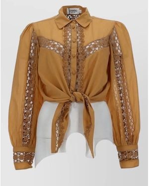 Charo Ruiz Devi Lace Cropped Shirt Tie Front - Brown