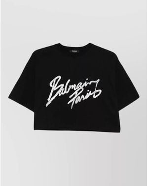 Balmain Cotton Brush Print Cropped T-Shirt - Black