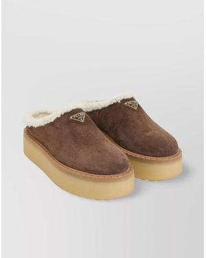 Prada Shearling Trim Suede Mule Platform - Brown