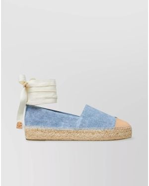 Tory Burch Leather Denim Wedge Espadrilles - Blue
