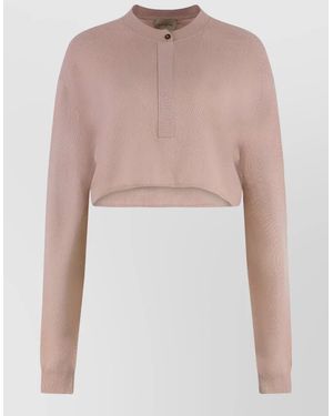 LeKasha Cashmere Cropped Long-Sleeve Buttoned-Collar Knitted Top - Pink