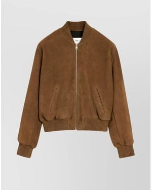 Ami Paris Suede Leather Ribbed Bomber Jacket - Brown