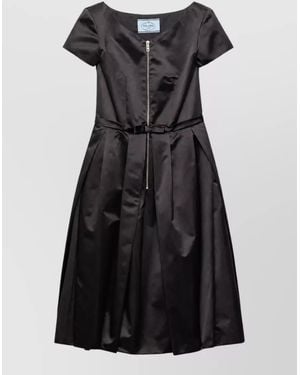 Prada Silk V-Neck Short-Sleeve Pleated Midi Dress - Black