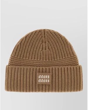 Miu Miu Wool Blend Beanie Hat Ribbed Cuff - Brown