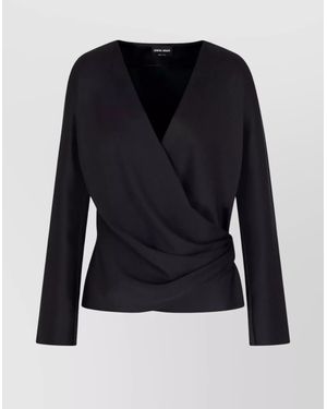 Giorgio Armani Silk Satin Draped V-Neckline Waist Long Sleeves - Blue