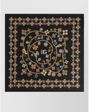 Dolce & Gabbana Silk Scarf Floral Embroidery Jewel Accents Chain - Black
