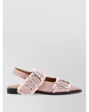 Ganni Buckle Denim Fringe Pointed Toe Slingback Sandals - Pink