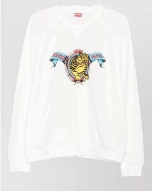 KENZO Crew Neck Graphic Long Sleeve Silk Top - White