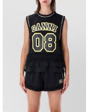 Ganni Ruffle Lounge Tank Top Contrast Piping - Black