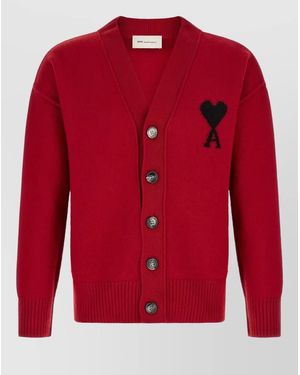 Ami Paris Wool V-Neck Ribbed Cardigan - Red