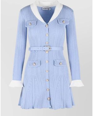 Self-Portrait Ribbed Mini Dress Viscose Blend Belt - Blue
