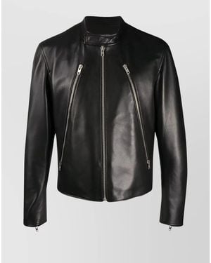 Maison Margiela Leather Zippered Pockets Mock Neck Jacket - Black
