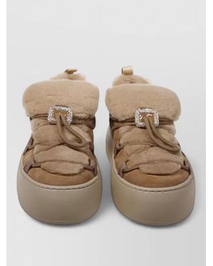 Roger Vivier Leather Fur Slippers - Natural
