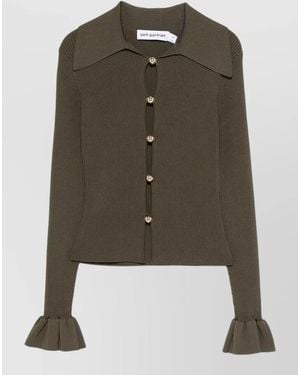 Self-Portrait Knit Top Long Sleeves Keyhole Buttons - Green