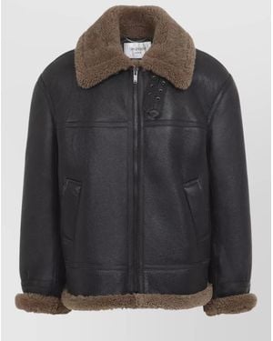 Saint Laurent Biker Coat Contrast Trim Faux Fur Collar - Black