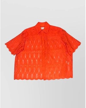 Raquel Diniz Lace Shirt Short Sleeves Scalloped Hem Collar - Orange