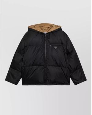 Prada Hooded Padded Jacket Front Pocket Design - Black