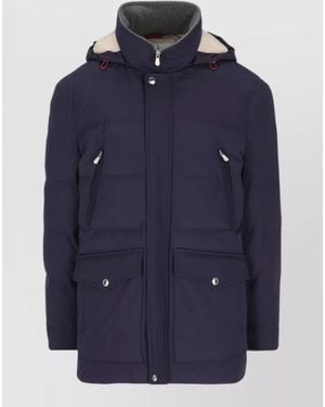 Brunello Cucinelli Hooded Padded Coat Front Pockets Silk Nylon - Blue