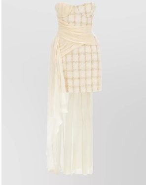 Elisabetta Franchi Virgin Wool Metallic Asymmetric Strapless Midi Dress - White