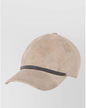 Brunello Cucinelli Suede Baseball Cap Curved Brim Beaded Band - Natural