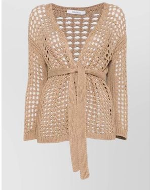 Max Mara Long Sleeve Open Knit V Neck Cardigan - Natural