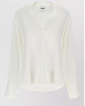 Nude Asymmetric V-Neck Long-Sleeve Blouse - White