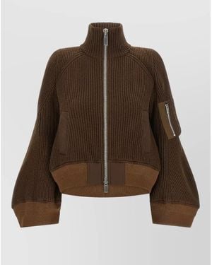 Sacai Wool Ribbed Cropped High Neck Zip Jumper - Brown
