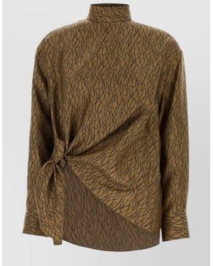 Ferragamo Silk Blouse Abstract Pattern High Neck - Green