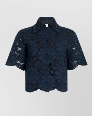 Patou Short Sleeve Blouse Lace Overlay Hem - Blue