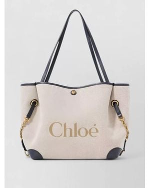Chloé Tote Bag Chain Detail Contrast Trim - Natural