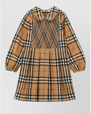 Burberry Cotton Poplin Ruffled Collar Smocked Pleated Long-Sleeve Knee-Length Dress - Brown