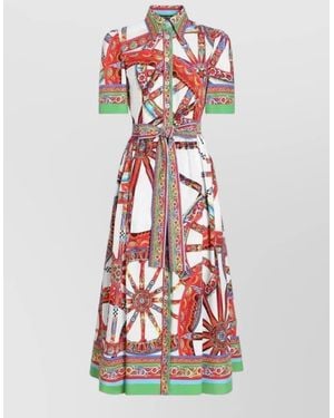 Dolce & Gabbana Poplin Dress Carretto Print Belted Waist - Red