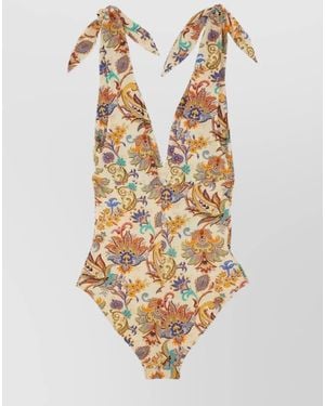 Etro Floral Deep V-Neck Swimsuit - Metallic
