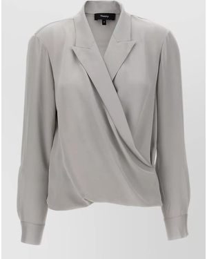 Theory Silk Wrap V-Neck Blouse - Gray