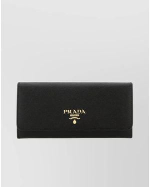 Prada Leather Wallet With Foldover Top And Zip Pocket - Black