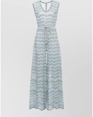 D.exterior Lurex Chevron Sleeveless Jumpsuit Waist Tie - Blue