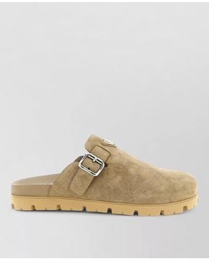 Prada Triangle Logo Suede Sabots Slip On - Natural