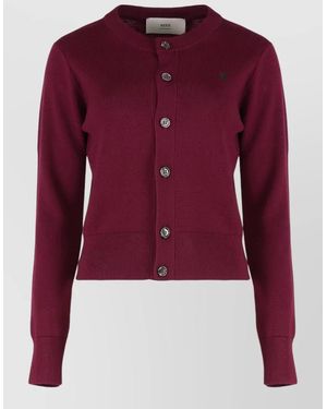 Ami Paris Wool Cardigan Collar Long Sleeves Ribbed Edges - Red