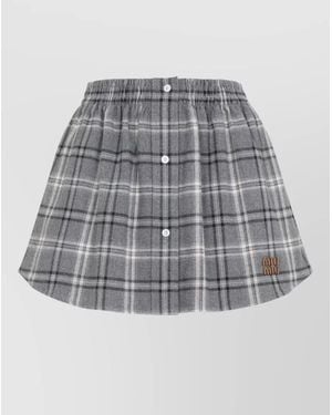 Miu Miu Cotton Checked Midi Pleated Skirt - Grey